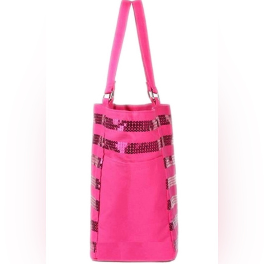 Victoria Secret Hot Pink Sequin Tote Canvas Striped Overnight Shoulder Bag New - Picture 4 of 14